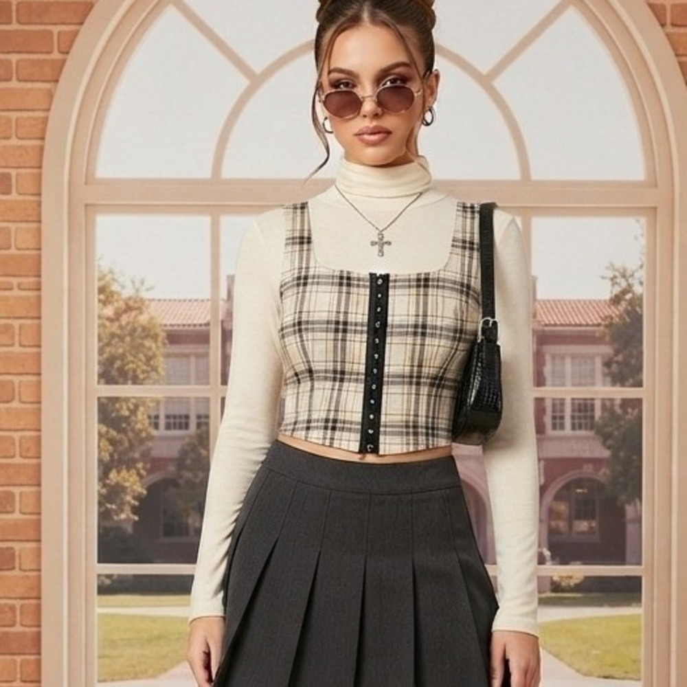 y2k Plaid Corset Top crop Hook Eye tan medium preppy dark academia